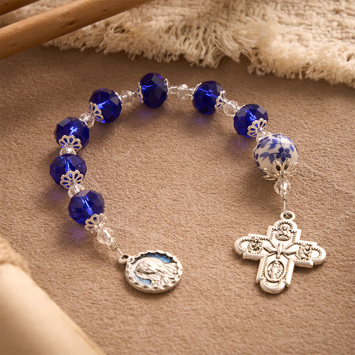 SolaceBeads Blue Faceted Crystal &amp; Floral Ceramic Beads Chaplet——Portrait Medal &amp; 4-Way Silver Cross - image 2