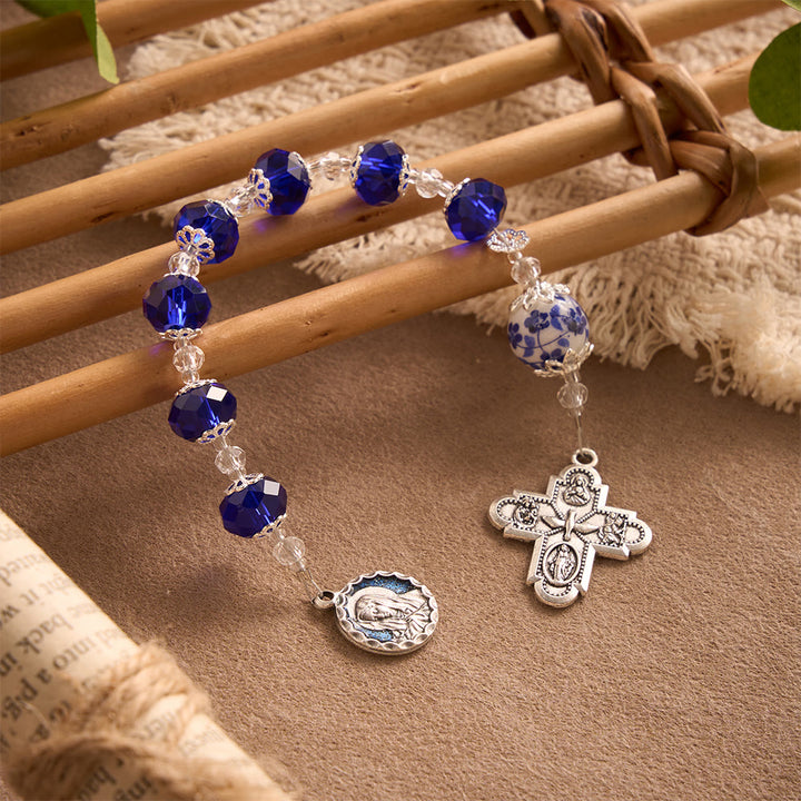 SolaceBeads Blue Faceted Crystal &amp; Floral Ceramic Beads Chaplet——Portrait Medal &amp; 4-Way Silver Cross - Seven Sorrows - image 0