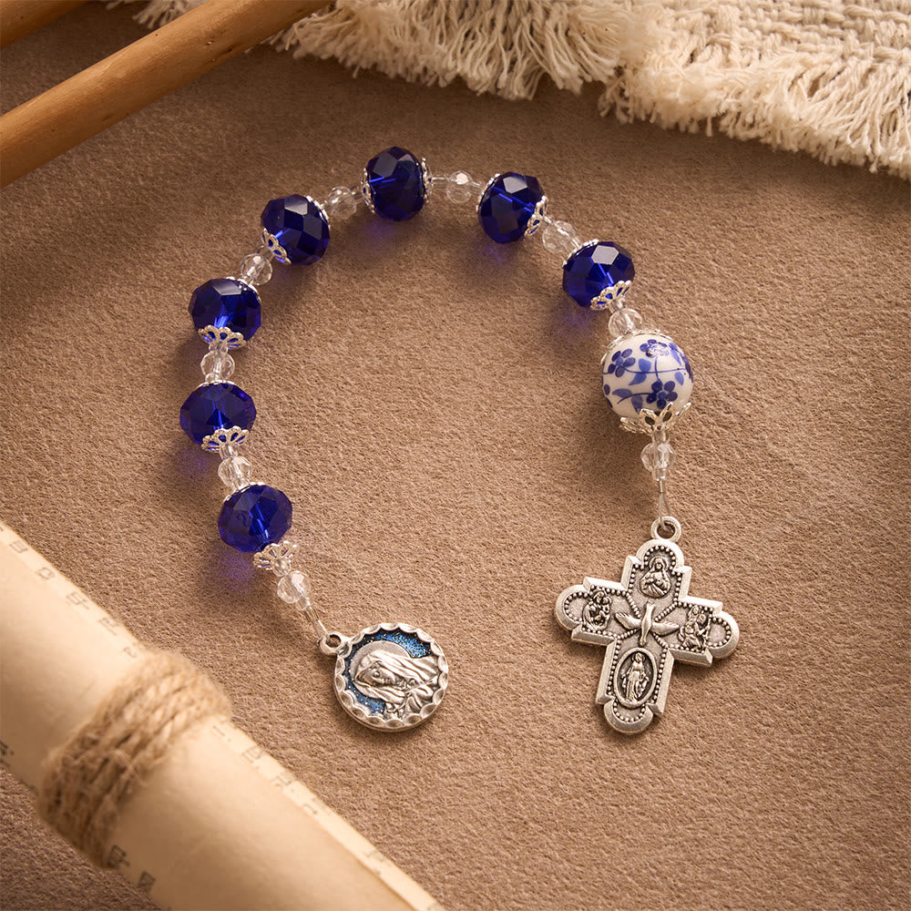 SolaceBeads Blue Faceted Crystal &amp; Floral Ceramic Beads Chaplet——Portrait Medal &amp; 4-Way Silver Cross - image 6