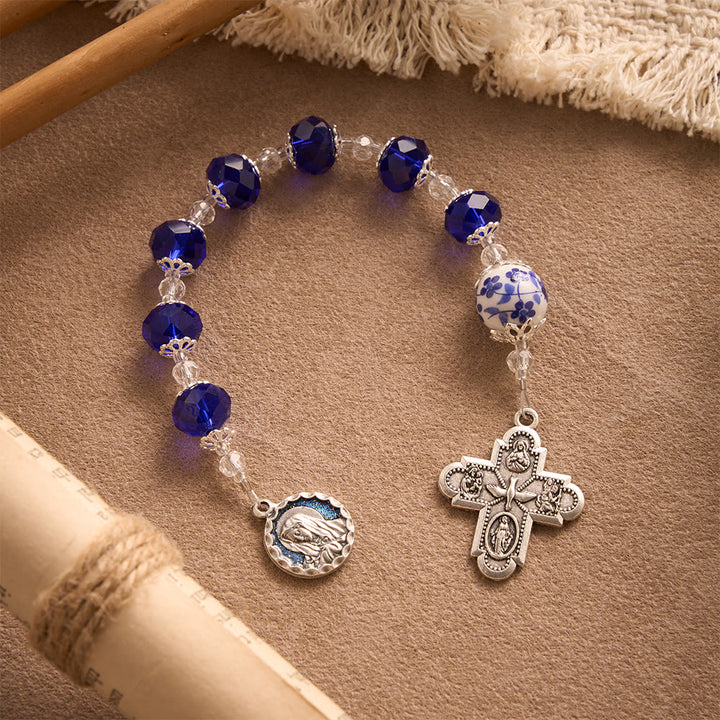 SolaceBeads Blue Faceted Crystal &amp; Floral Ceramic Beads Chaplet——Portrait Medal &amp; 4-Way Silver Cross - image 6