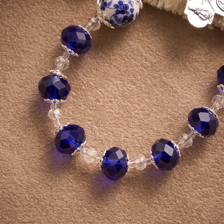 SolaceBeads Blue Faceted Crystal &amp; Floral Ceramic Beads Chaplet——Portrait Medal &amp; 4-Way Silver Cross - image 3