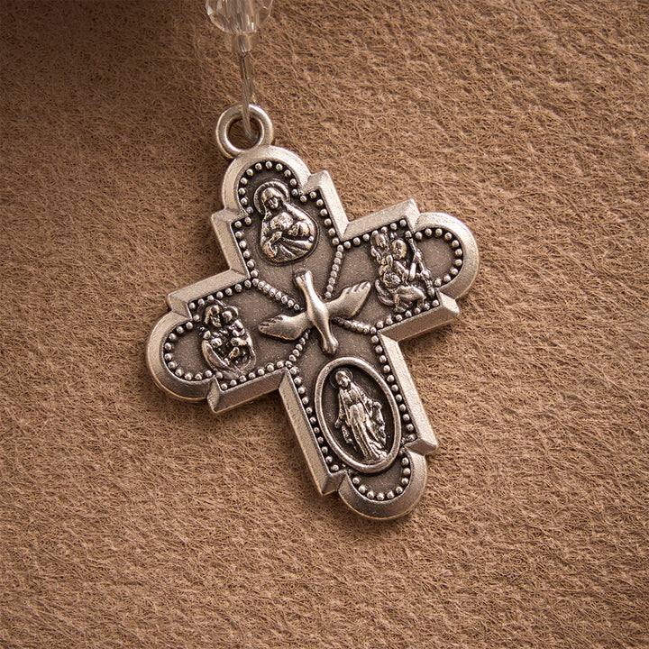 SolaceBeads Blue Faceted Crystal &amp; Floral Ceramic Beads Chaplet——Portrait Medal &amp; 4-Way Silver Cross - image 5