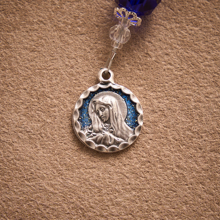 SolaceBeads Blue Faceted Crystal &amp; Floral Ceramic Beads Chaplet——Portrait Medal &amp; 4-Way Silver Cross - image 4