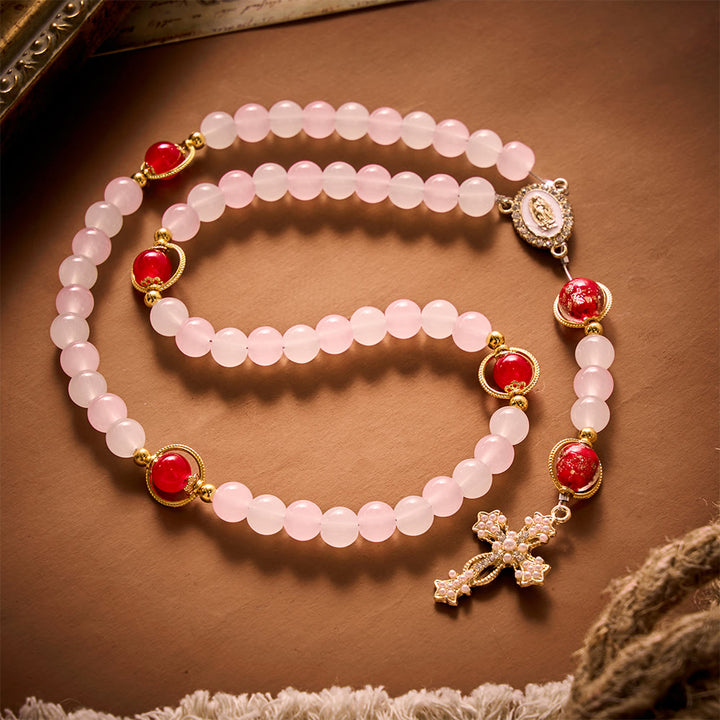 SolaceBeads Artistic Pink &amp; White Beaded Rosary: A Fusion of Colors &amp; Sacred Symbols - Red - image 11