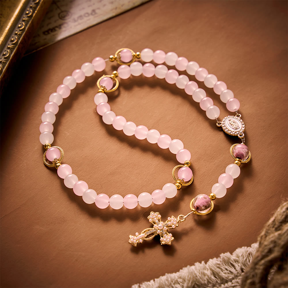 SolaceBeads Artistic Pink &amp; White Beaded Rosary: A Fusion of Colors &amp; Sacred Symbols - Pale purple - image 7
