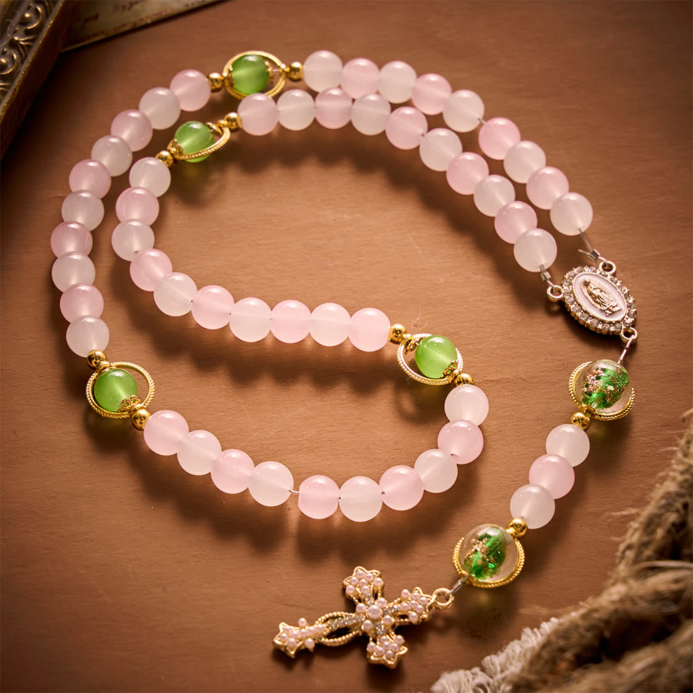 SolaceBeads Artistic Pink &amp; White Beaded Rosary: A Fusion of Colors &amp; Sacred Symbols - Green - image 9