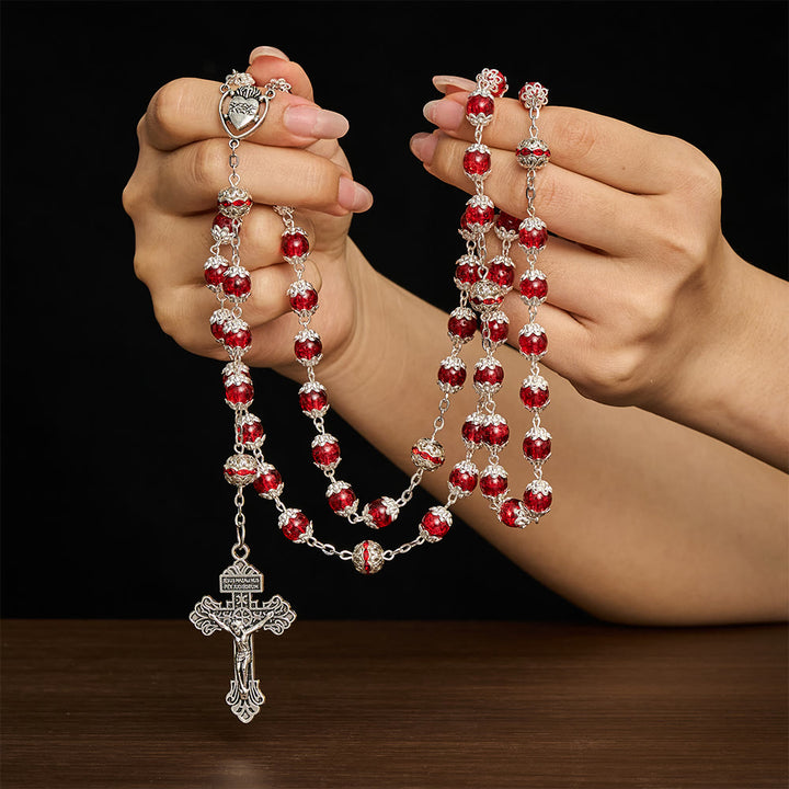Solacebeads Red Crackle Glass With Silver Ornate Crucifix Rosary: Rooted In Sacred Heart Devotion - image 1
