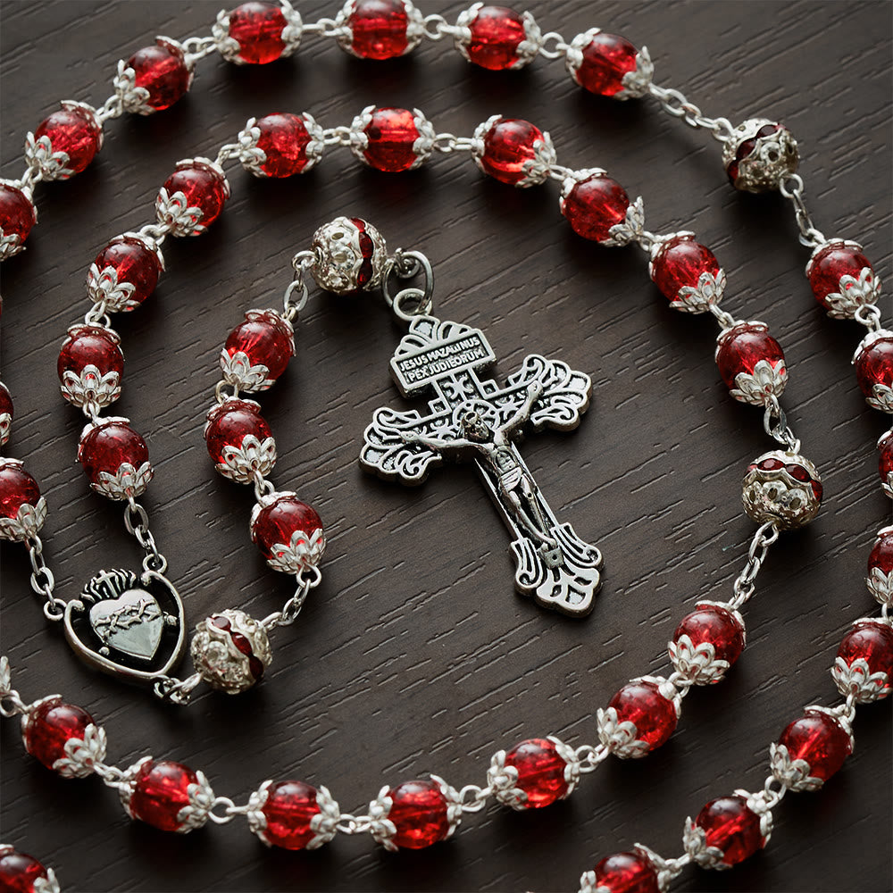 Solacebeads Red Crackle Glass With Silver Ornate Crucifix Rosary: Rooted In Sacred Heart Devotion - image 7