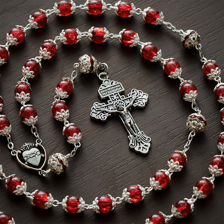 Solacebeads Red Crackle Glass With Silver Ornate Crucifix Rosary: Rooted In Sacred Heart Devotion - image 7