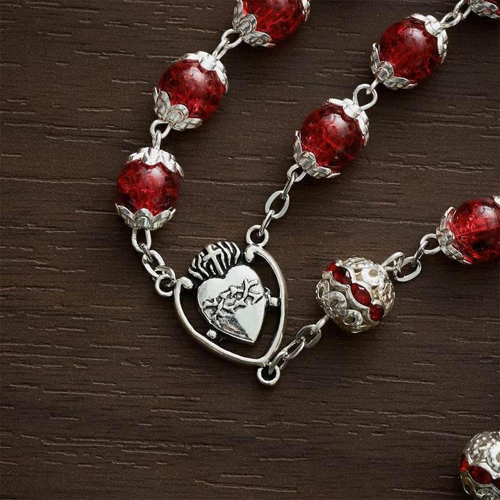 Solacebeads Red Crackle Glass With Silver Ornate Crucifix Rosary: Rooted In Sacred Heart Devotion - image 3