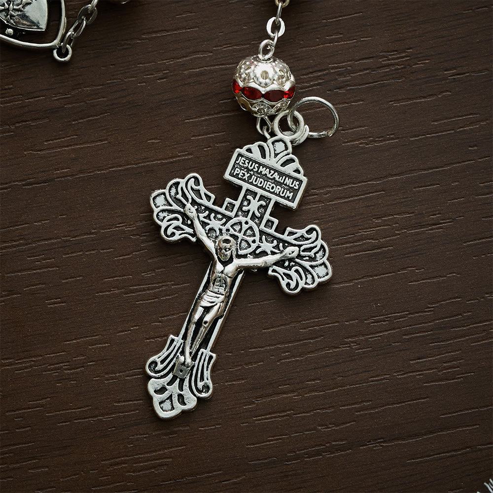 Solacebeads Red Crackle Glass With Silver Ornate Crucifix Rosary: Rooted In Sacred Heart Devotion - image 4