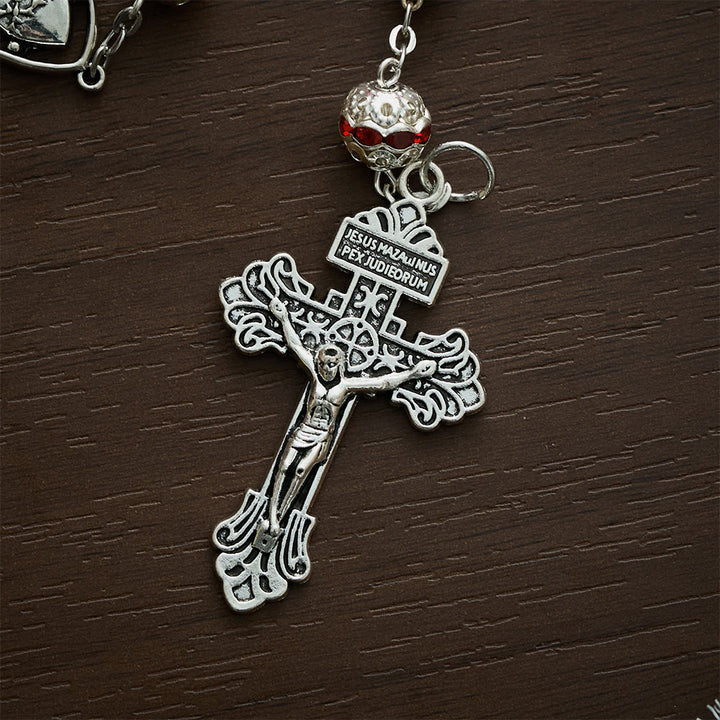 Solacebeads Red Crackle Glass With Silver Ornate Crucifix Rosary: Rooted In Sacred Heart Devotion - image 4