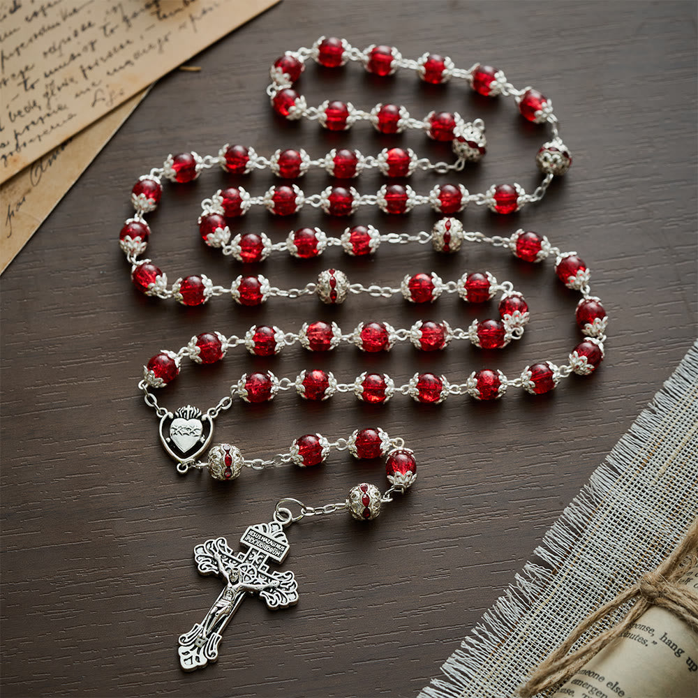 Solacebeads Red Crackle Glass With Silver Ornate Crucifix Rosary: Rooted In Sacred Heart Devotion - image 10