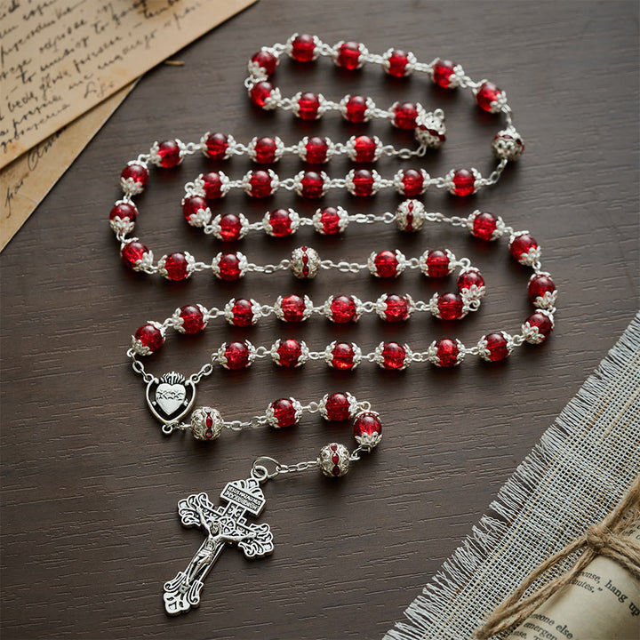 Solacebeads Red Crackle Glass With Silver Ornate Crucifix Rosary: Rooted In Sacred Heart Devotion - image 10