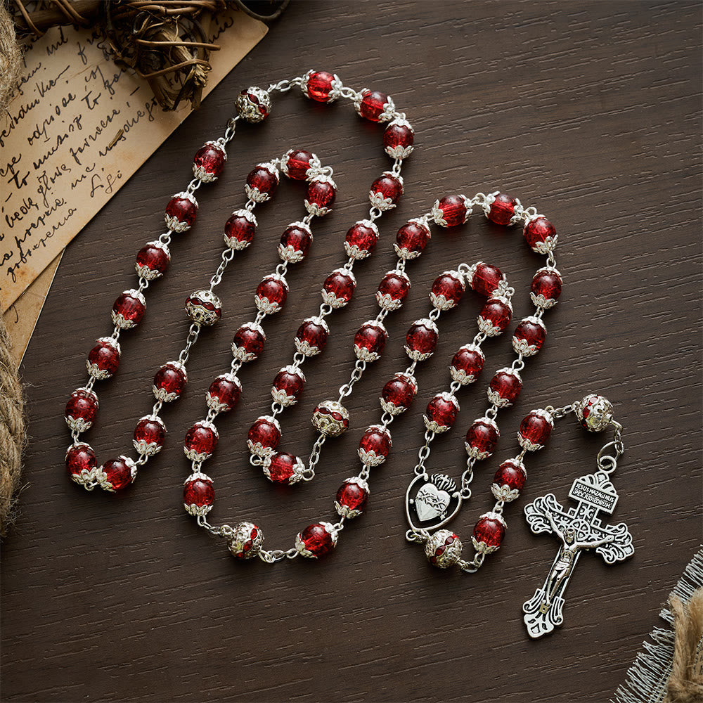 Solacebeads Red Crackle Glass With Silver Ornate Crucifix Rosary: Rooted In Sacred Heart Devotion - Red - image 0