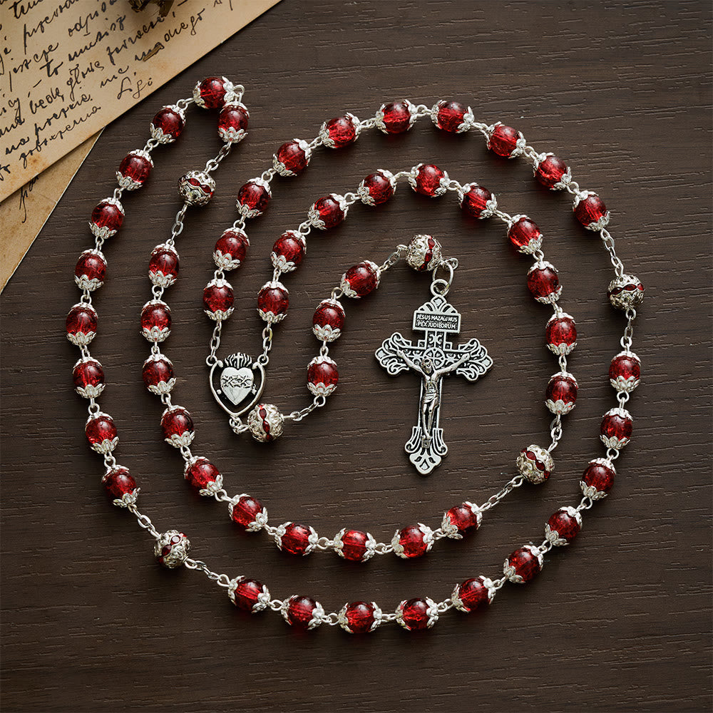 Solacebeads Red Crackle Glass With Silver Ornate Crucifix Rosary: Rooted In Sacred Heart Devotion - image 9