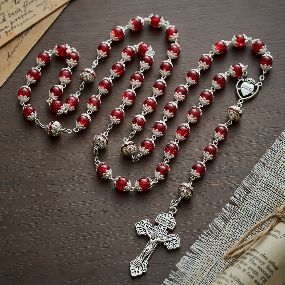 Solacebeads Red Crackle Glass With Silver Ornate Crucifix Rosary: Rooted In Sacred Heart Devotion - image 11