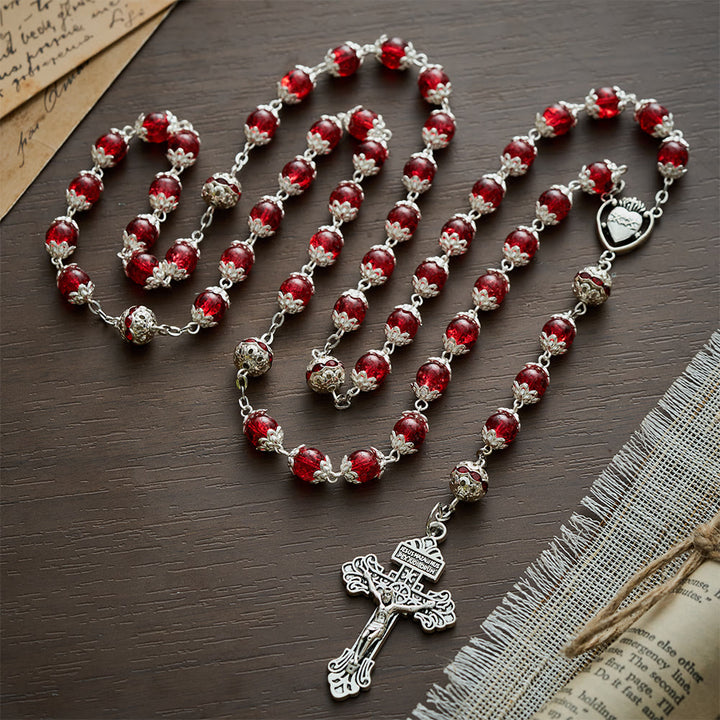 Solacebeads Red Crackle Glass With Silver Ornate Crucifix Rosary: Rooted In Sacred Heart Devotion - image 11