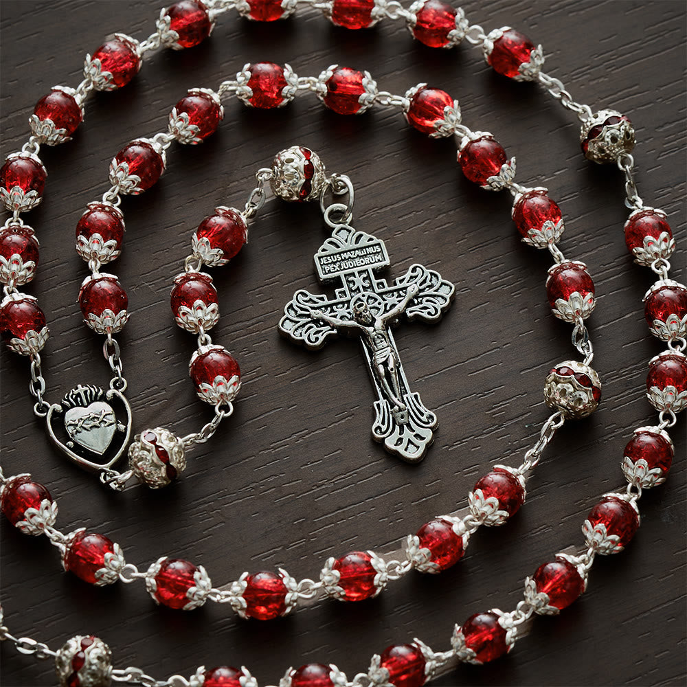 Solacebeads Red Crackle Glass With Silver Ornate Crucifix Rosary: Rooted In Sacred Heart Devotion - image 5