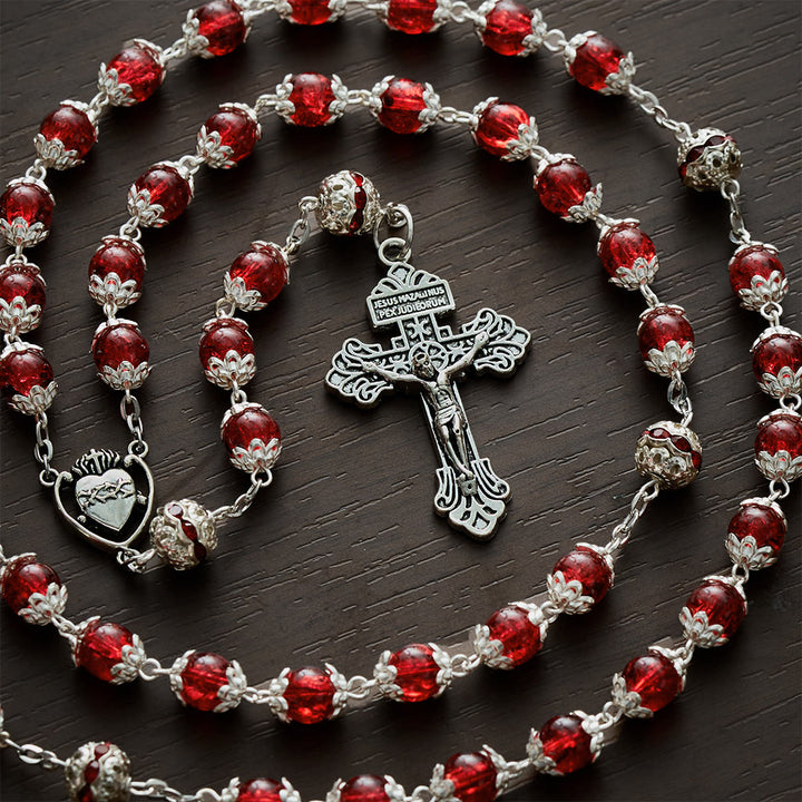 Solacebeads Red Crackle Glass With Silver Ornate Crucifix Rosary: Rooted In Sacred Heart Devotion - image 5