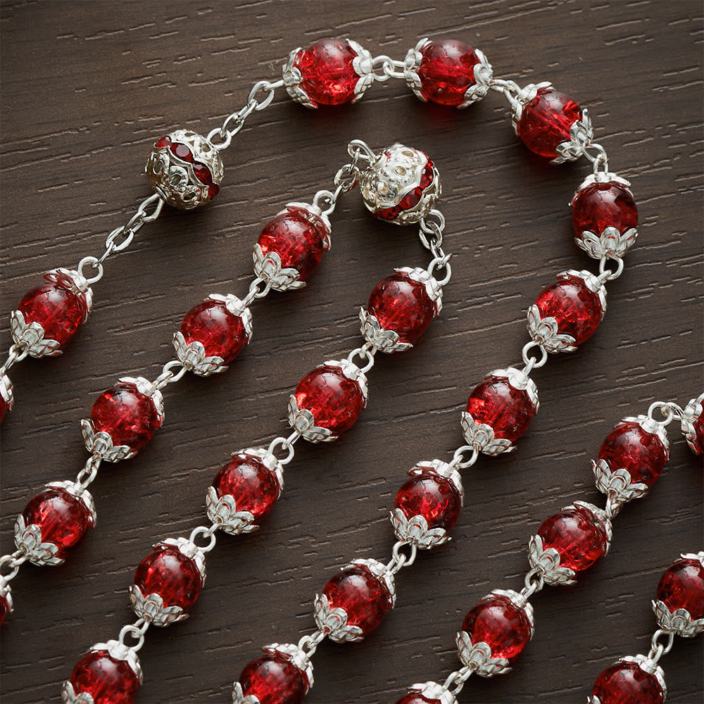 Solacebeads Red Crackle Glass With Silver Ornate Crucifix Rosary: Rooted In Sacred Heart Devotion - image 2