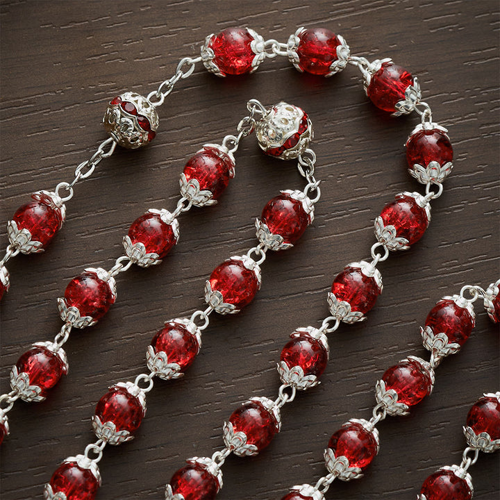 Solacebeads Red Crackle Glass With Silver Ornate Crucifix Rosary: Rooted In Sacred Heart Devotion - image 2
