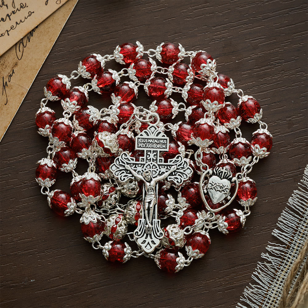 Solacebeads Red Crackle Glass With Silver Ornate Crucifix Rosary: Rooted In Sacred Heart Devotion - image 8
