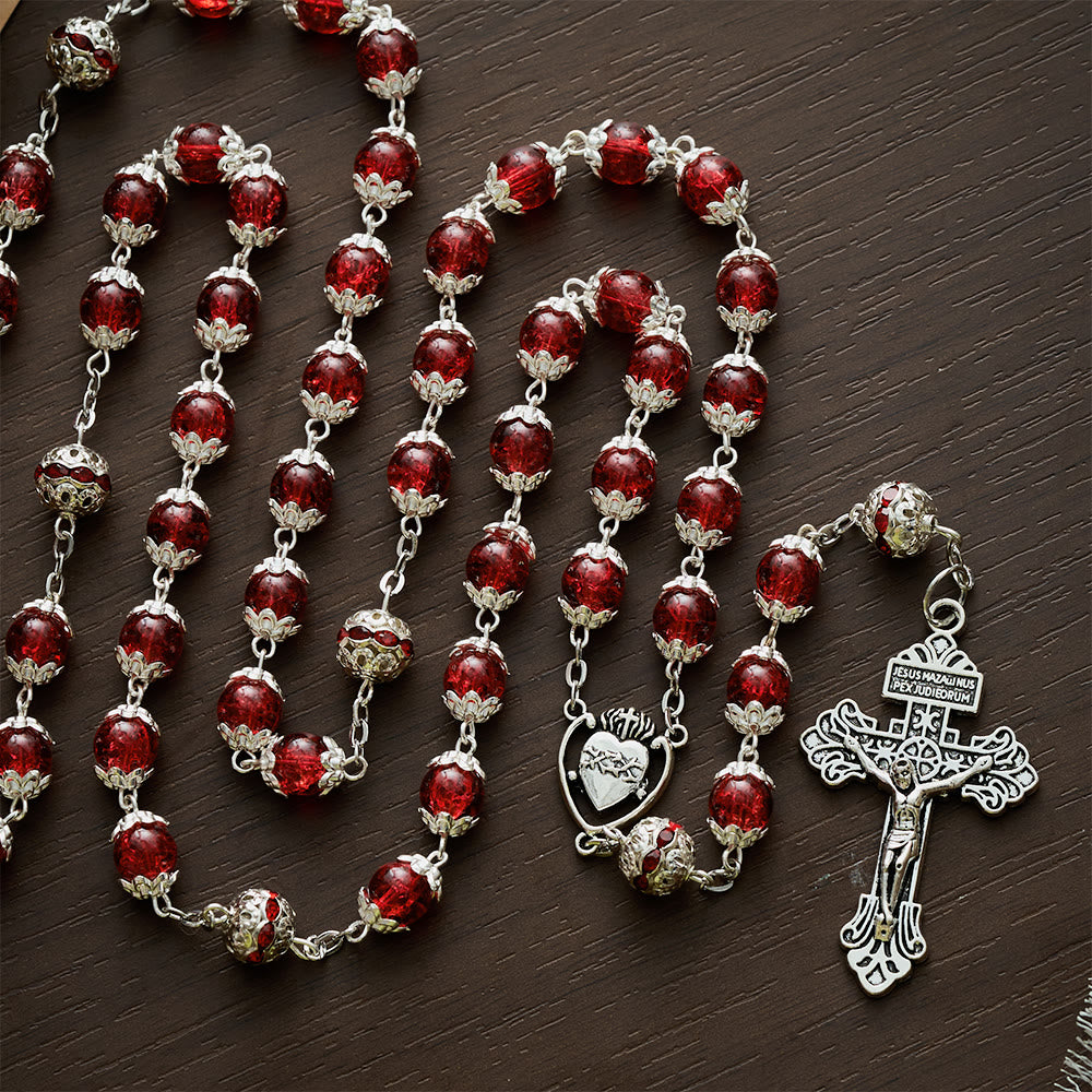 Solacebeads Red Crackle Glass With Silver Ornate Crucifix Rosary: Rooted In Sacred Heart Devotion - image 6