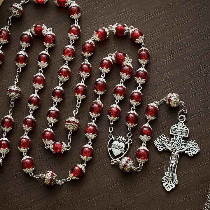 Solacebeads Red Crackle Glass With Silver Ornate Crucifix Rosary: Rooted In Sacred Heart Devotion - image 6