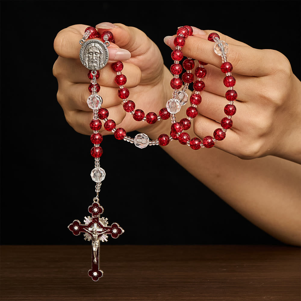 SolaceBeads Red Crackle Glass &amp; Faceted Clear Glass Beads Rosary: Rooted in Holy Face Devotion - image 1