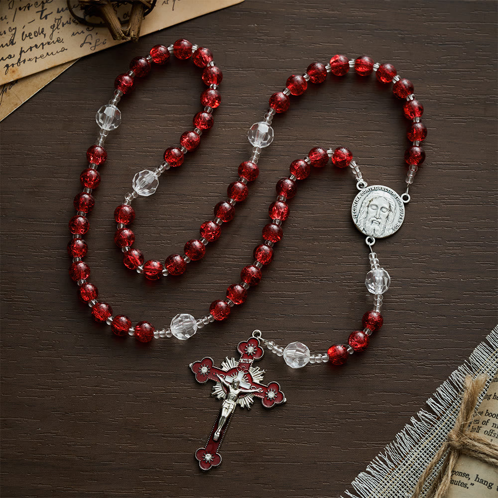 SolaceBeads Red Crackle Glass &amp; Faceted Clear Glass Beads Rosary: Rooted in Holy Face Devotion - image 10