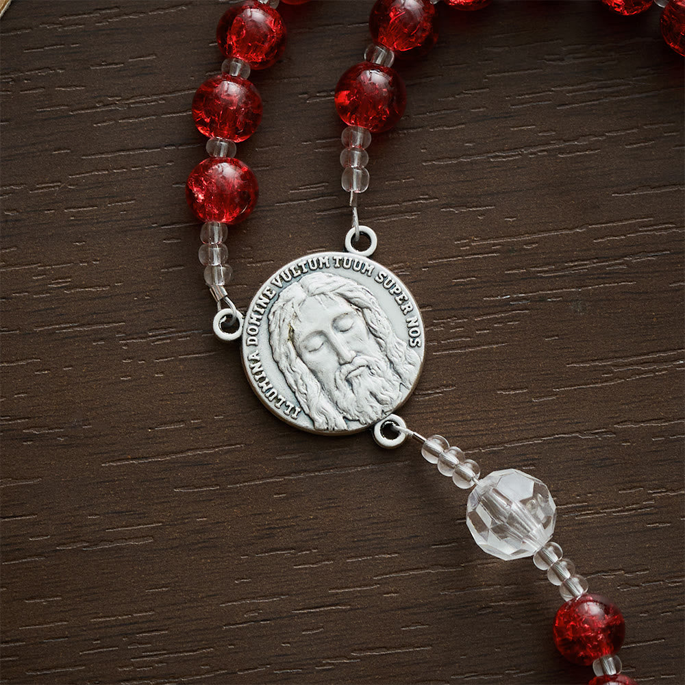 SolaceBeads Red Crackle Glass &amp; Faceted Clear Glass Beads Rosary: Rooted in Holy Face Devotion - image 5