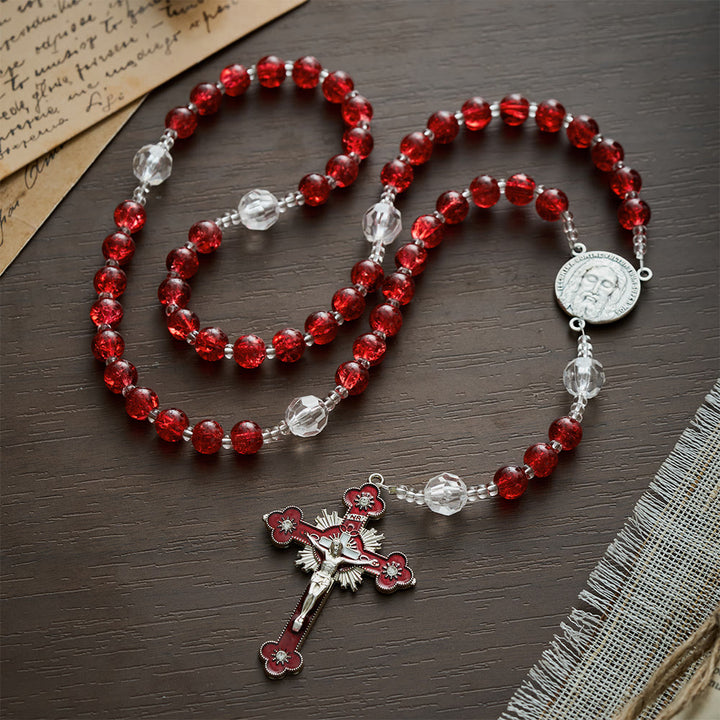 SolaceBeads Red Crackle Glass &amp; Faceted Clear Glass Beads Rosary: Rooted in Holy Face Devotion - Red - image 0