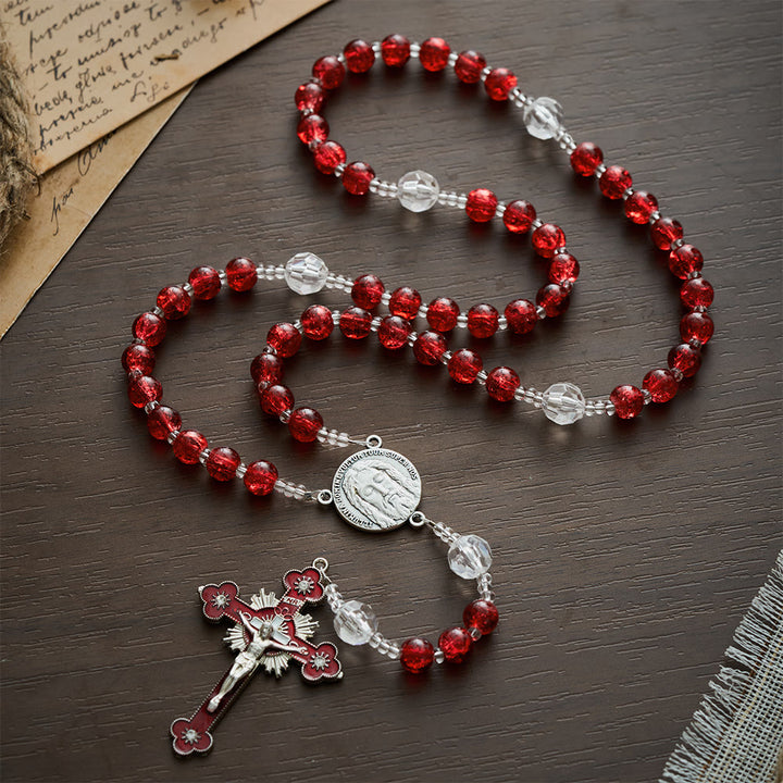 SolaceBeads Red Crackle Glass &amp; Faceted Clear Glass Beads Rosary: Rooted in Holy Face Devotion - image 9
