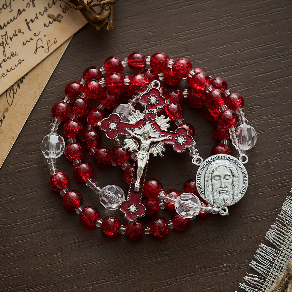 SolaceBeads Red Crackle Glass &amp; Faceted Clear Glass Beads Rosary: Rooted in Holy Face Devotion - image 6