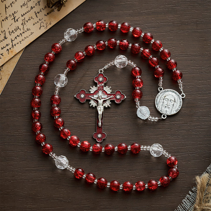 SolaceBeads Red Crackle Glass &amp; Faceted Clear Glass Beads Rosary: Rooted in Holy Face Devotion - image 7