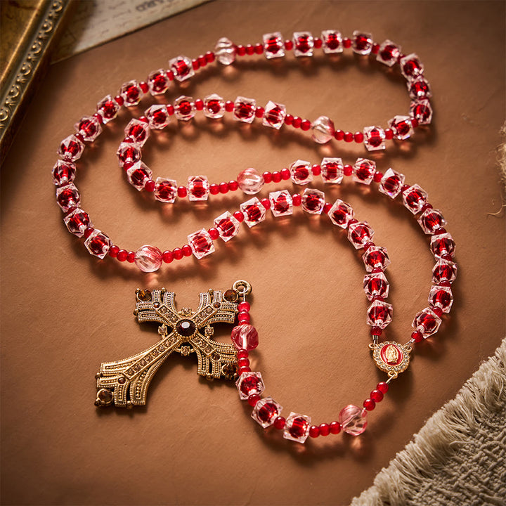 SolaceBeads Wine Red Square Glass Rosary Gold Rhinestone Cross: Rooted in Guadalupe Marian Blessing - image 6