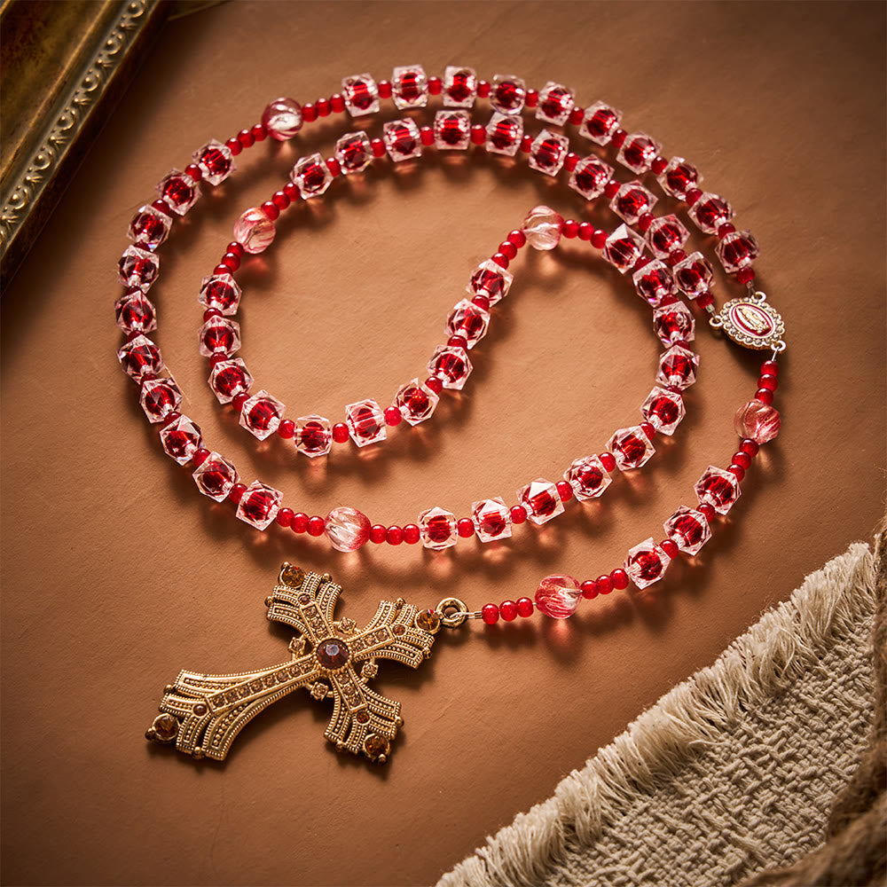SolaceBeads Wine Red Square Glass Rosary Gold Rhinestone Cross: Rooted in Guadalupe Marian Blessing - Red - image 0