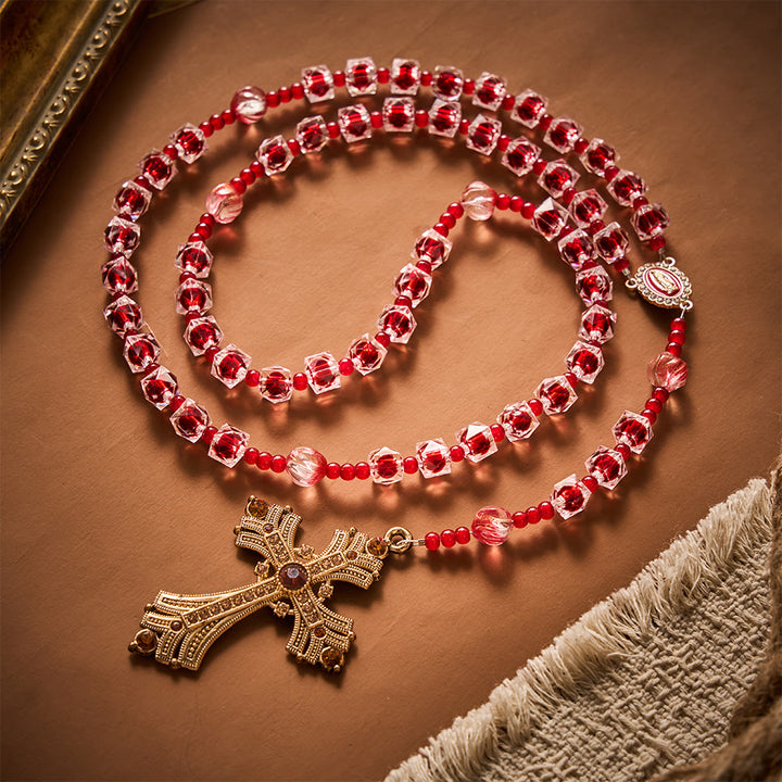 SolaceBeads Wine Red Square Glass Rosary Gold Rhinestone Cross: Rooted in Guadalupe Marian Blessing - Red - image 0
