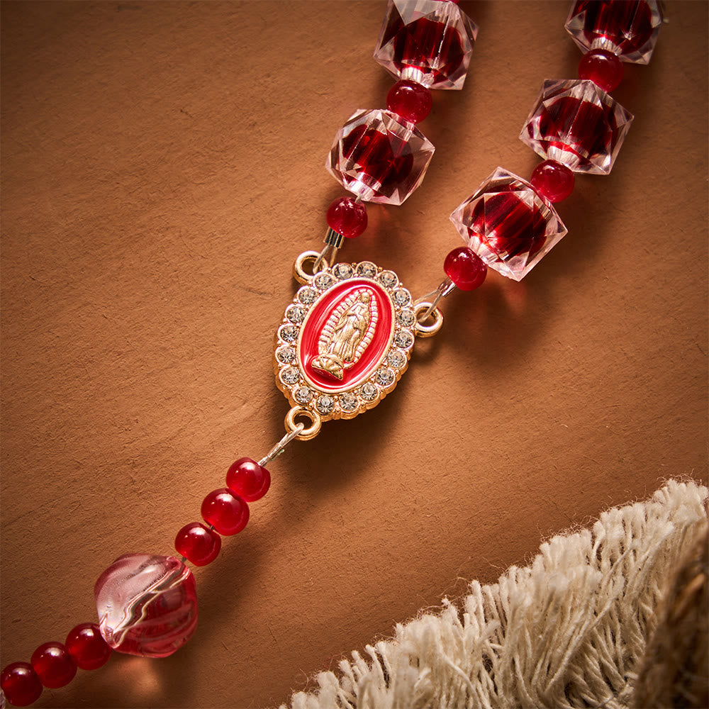 SolaceBeads Wine Red Square Glass Rosary Gold Rhinestone Cross: Rooted in Guadalupe Marian Blessing - image 3