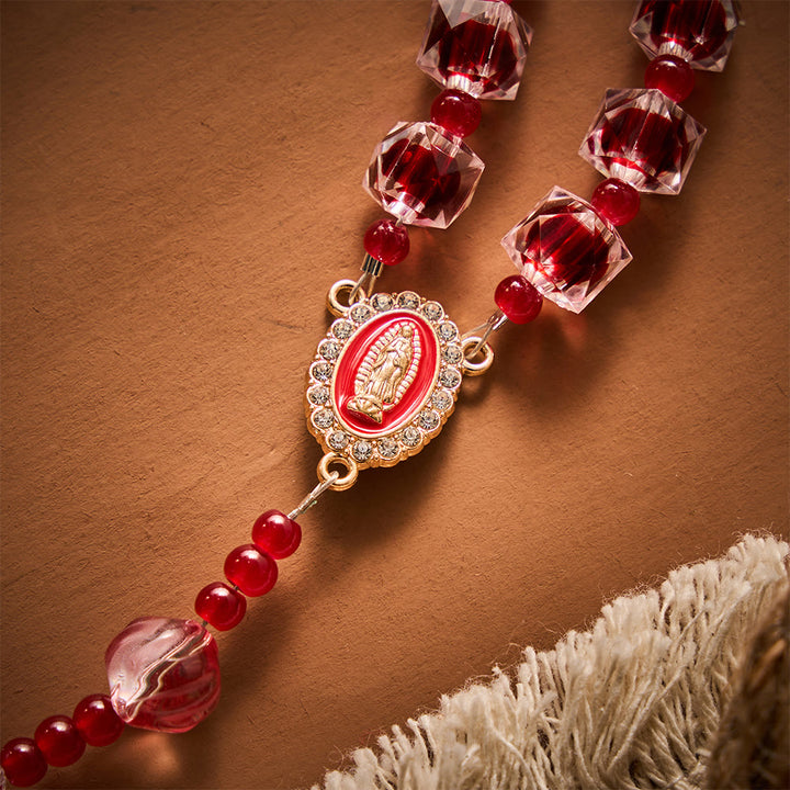 SolaceBeads Wine Red Square Glass Rosary Gold Rhinestone Cross: Rooted in Guadalupe Marian Blessing - image 3