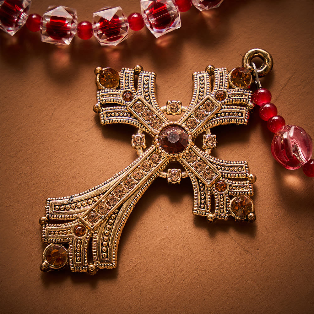 SolaceBeads Wine Red Square Glass Rosary Gold Rhinestone Cross: Rooted in Guadalupe Marian Blessing - image 4