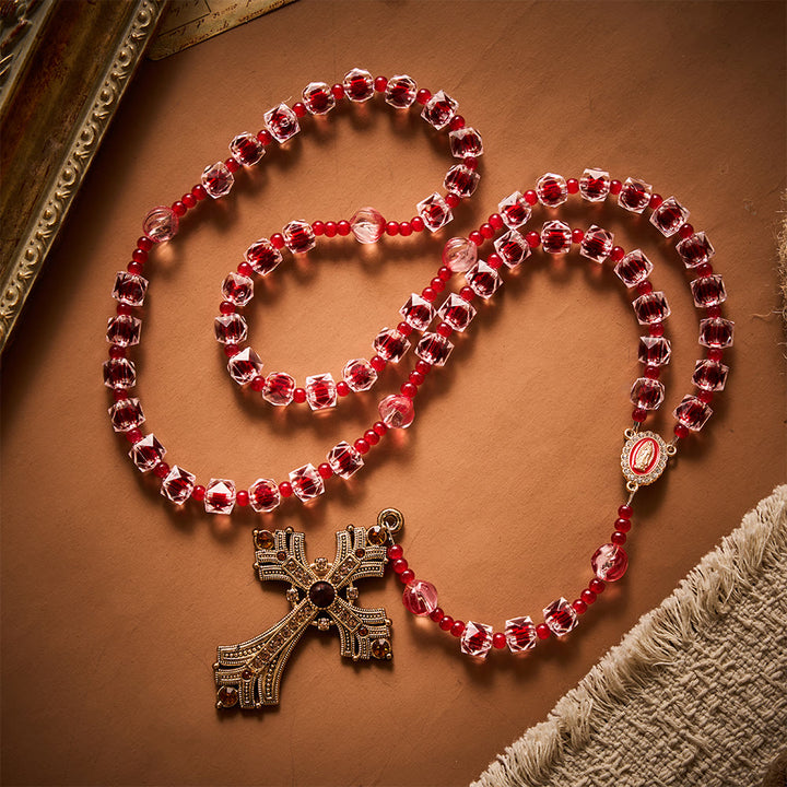 SolaceBeads Wine Red Square Glass Rosary Gold Rhinestone Cross: Rooted in Guadalupe Marian Blessing - image 7