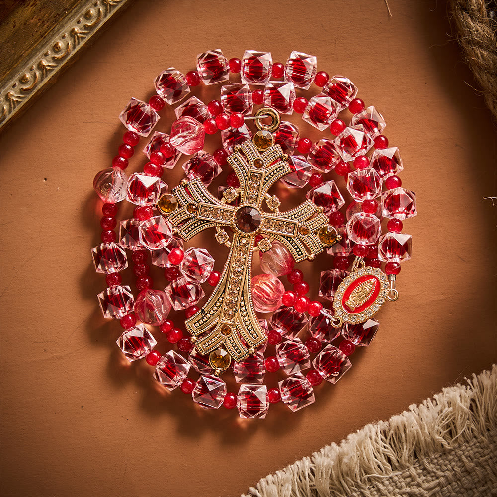 SolaceBeads Wine Red Square Glass Rosary Gold Rhinestone Cross: Rooted in Guadalupe Marian Blessing - image 5