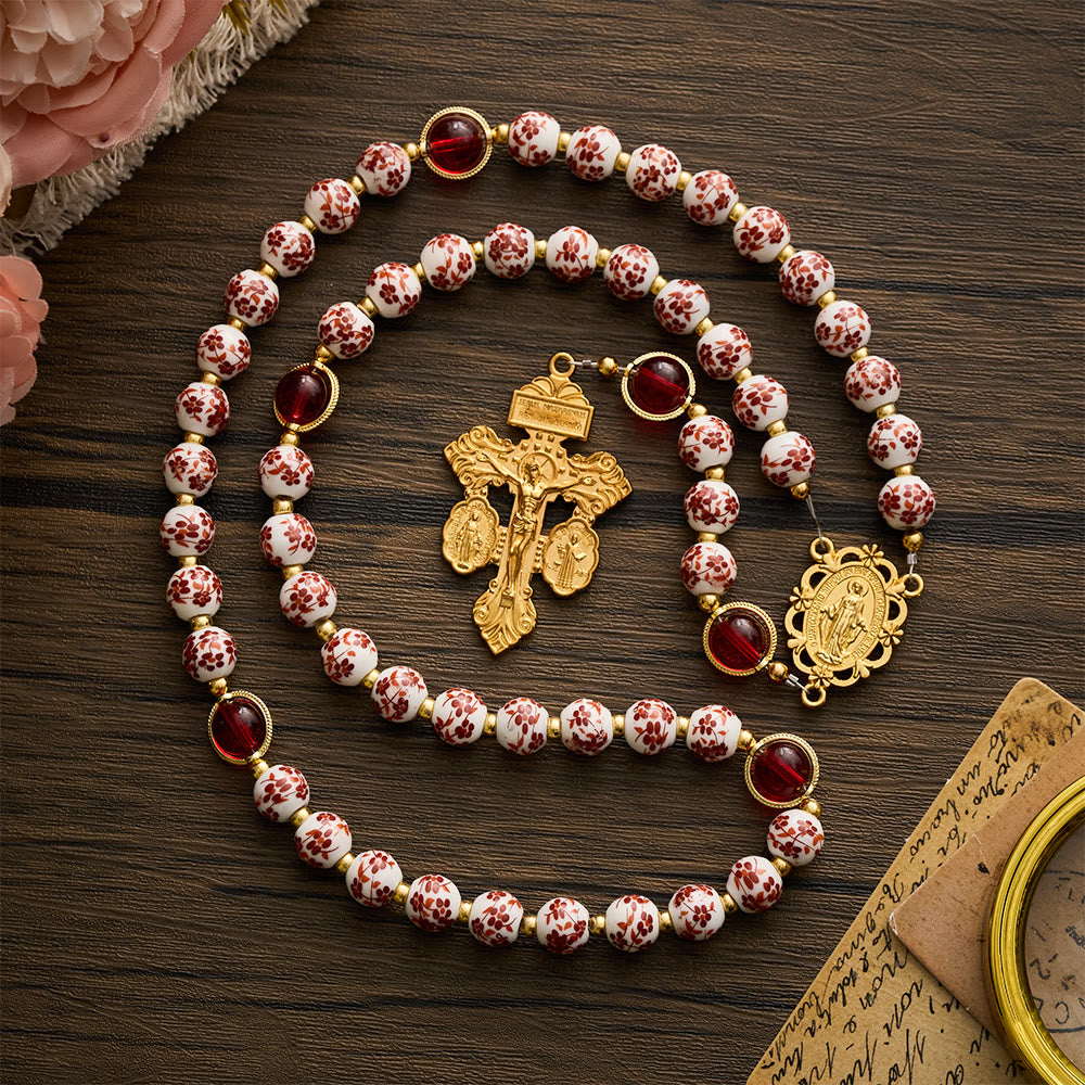 SolaceBeads Floral Rosary With Red Floral Ceramic Beads: A Soft Gentle Glow for Daily Devotion - Red &amp; Floral - image 0