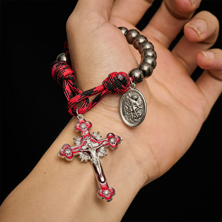 Solacebeads Gunmetal Bead Car Rosary &amp; Red Enamel Crucifix: Rooted In St. Michael Protection - image 1