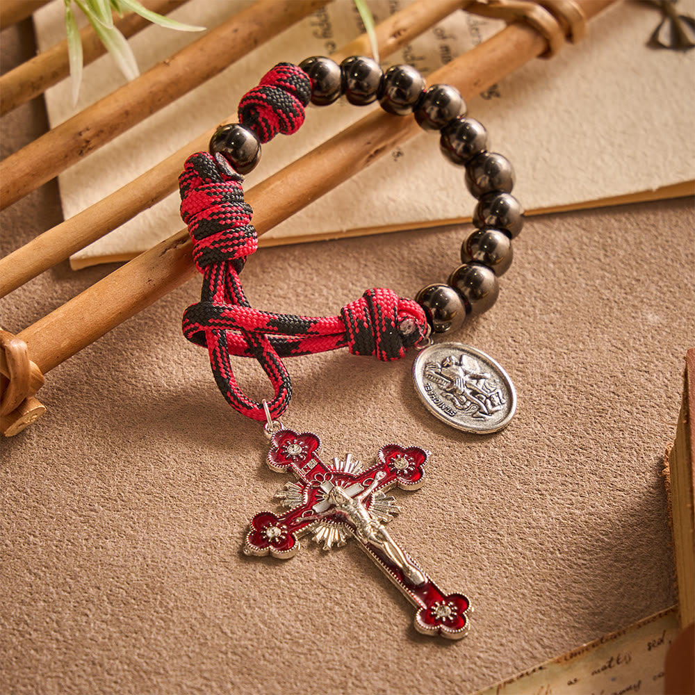 Solacebeads Gunmetal Bead Car Rosary &amp; Red Enamel Crucifix: Rooted In St. Michael Protection - image 7