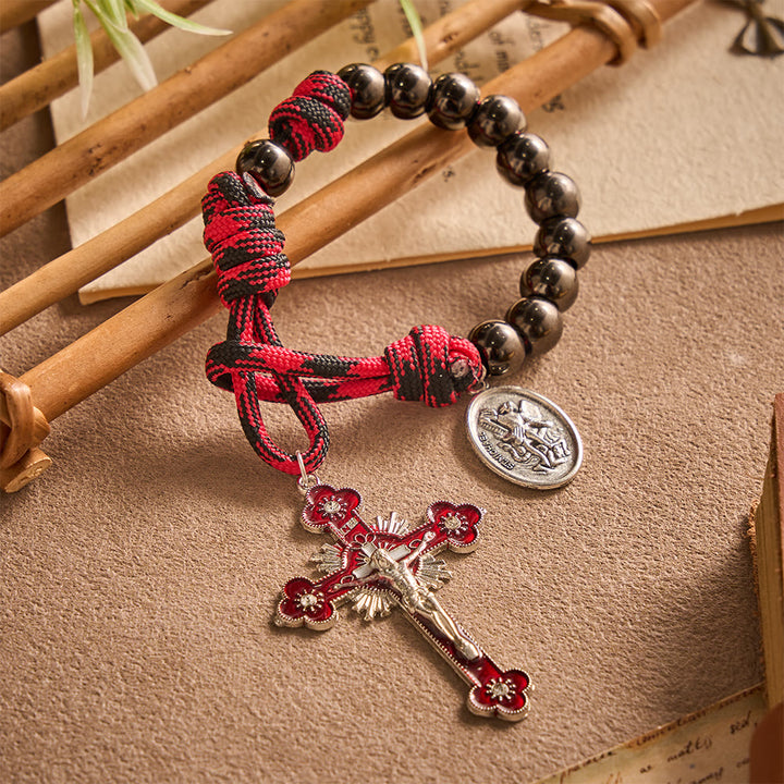 Solacebeads Gunmetal Bead Car Rosary &amp; Red Enamel Crucifix: Rooted In St. Michael Protection - image 7