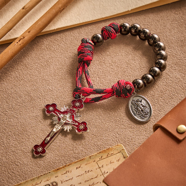 Solacebeads Gunmetal Bead Car Rosary &amp; Red Enamel Crucifix: Rooted In St. Michael Protection - image 5