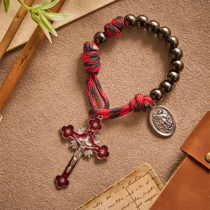 Solacebeads Gunmetal Bead Car Rosary &amp; Red Enamel Crucifix: Rooted In St. Michael Protection - image 6